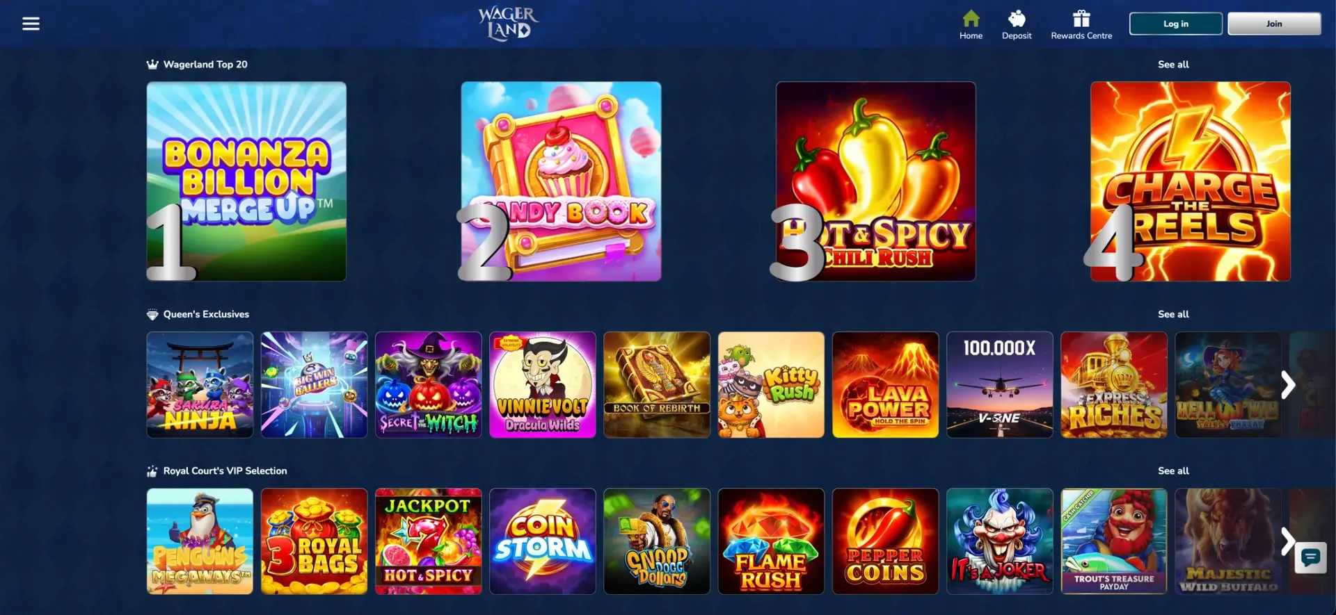 WagerLand featured games lobby