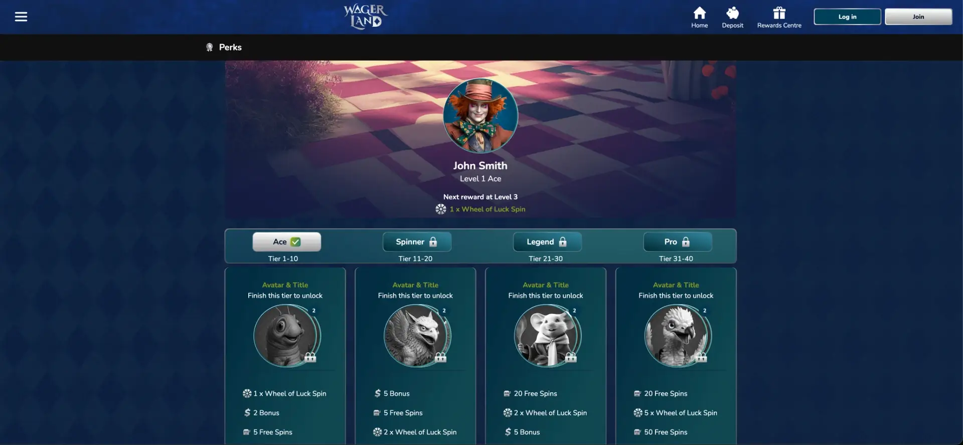 WagerLand Perks loyalty page